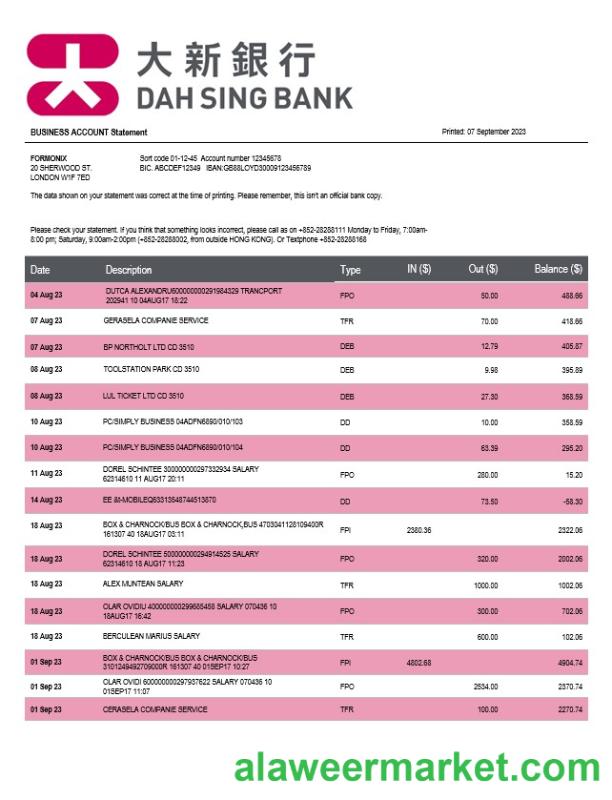 Dah Sing Bank company checking account statement Word and PDF template